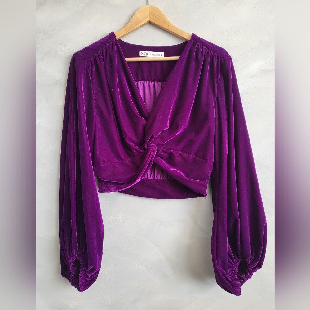ZARA PURPLE AMETHYST BALLOON SLEEVE CROP TWIST VELOUR V BLOUSE SZ M